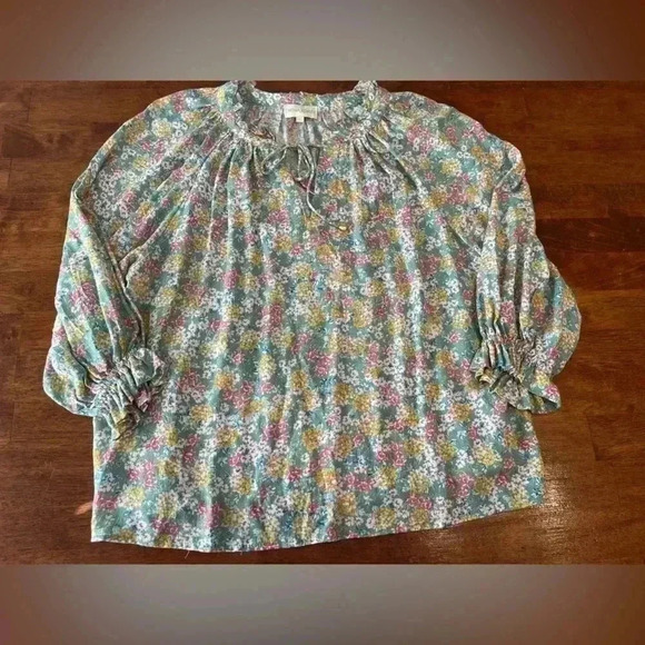 Cynthia Rowley green pink floral blouse size Large - Picture 1 of 6